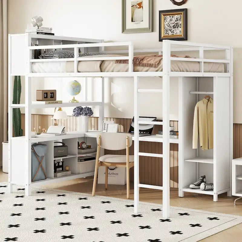Off-White Full Size Metal Loft Bed with Desk, Wardrobe and Storage Shelves