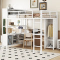 Off-White Full Size Metal Loft Bed with Desk, Wardrobe and Storage Shelves