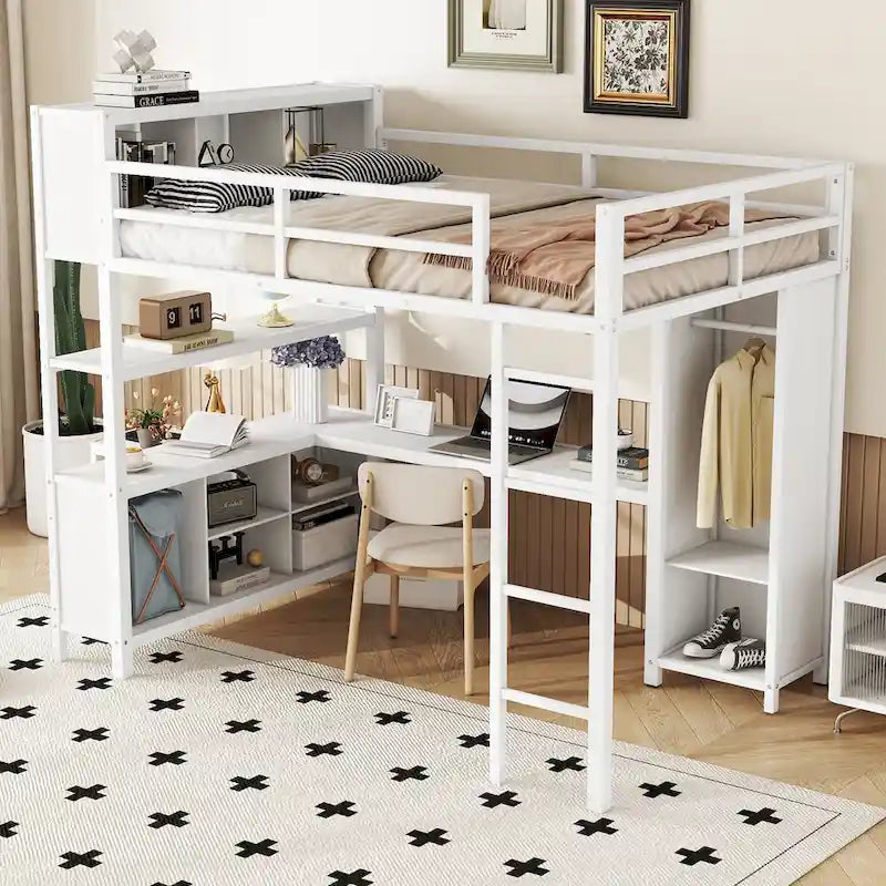 Off-White Full Size Metal Loft Bed with Desk, Wardrobe and Storage Shelves