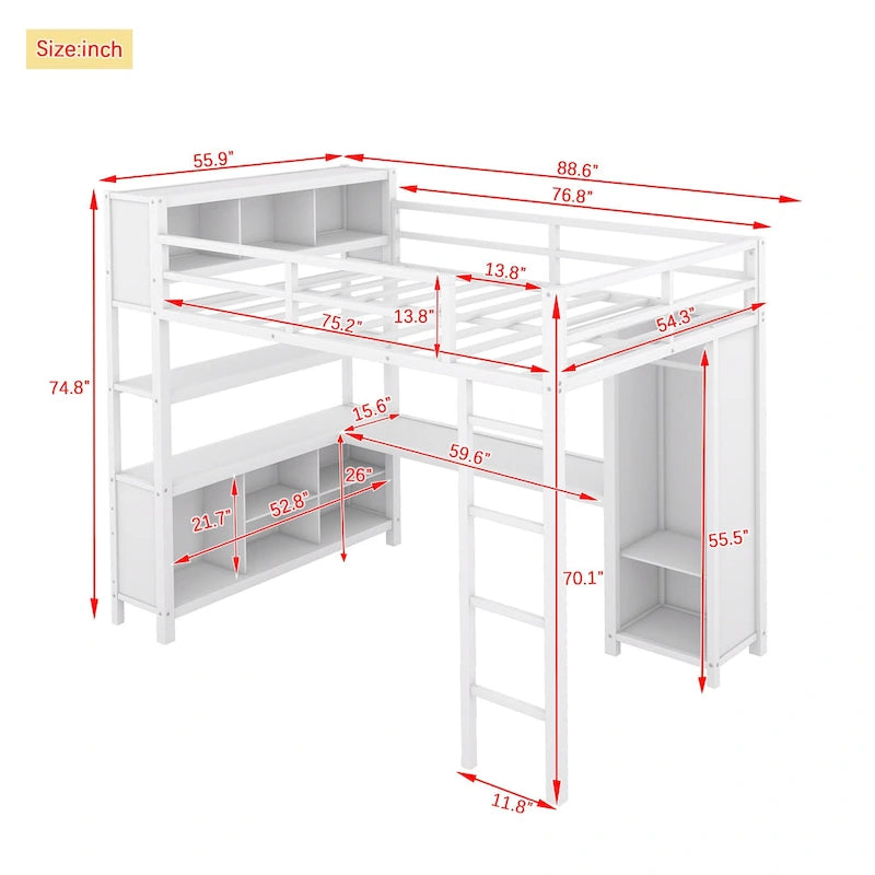 Off-White Full Size Metal Loft Bed with Desk, Wardrobe and Storage Shelves