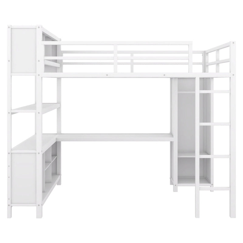 Off-White Full Size Metal Loft Bed with Desk, Wardrobe and Storage Shelves