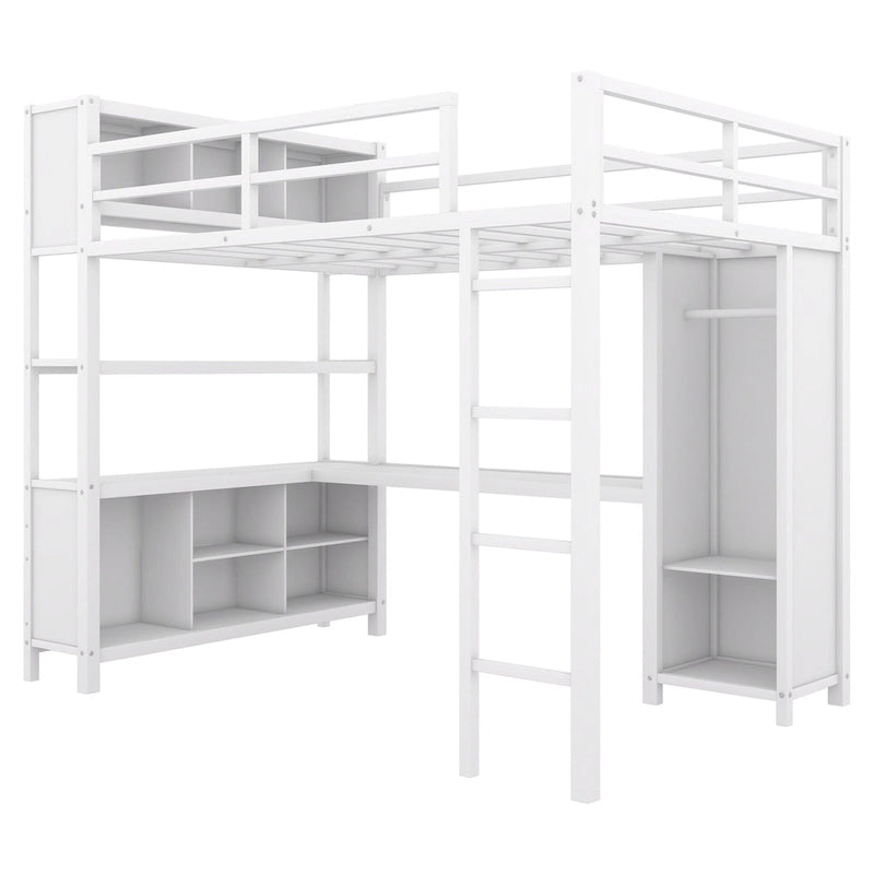 Off-White Full Size Metal Loft Bed with Desk, Wardrobe and Storage Shelves