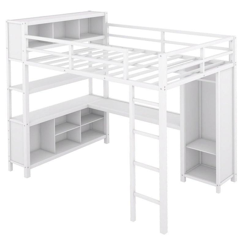 Off-White Full Size Metal Loft Bed with Desk, Wardrobe and Storage Shelves