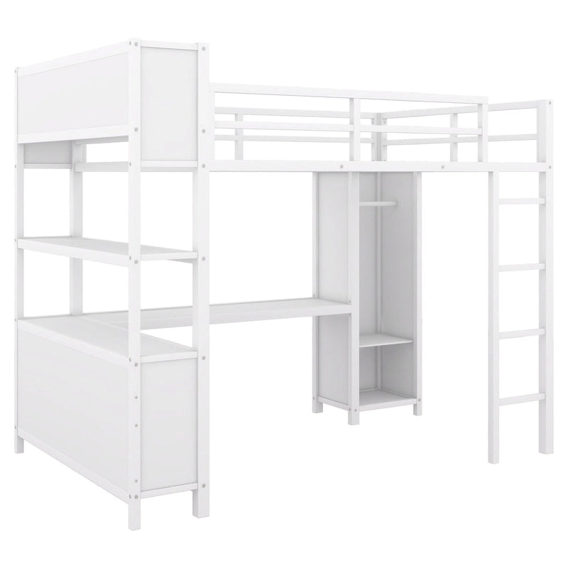 Off-White Full Size Metal Loft Bed with Desk, Wardrobe and Storage Shelves