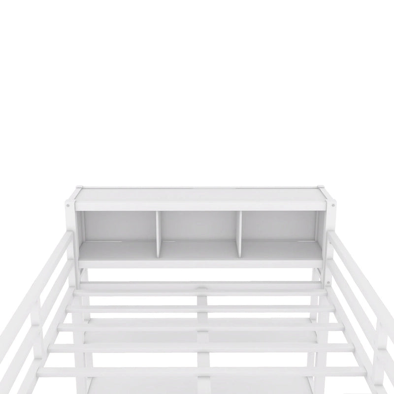 Off-White Full Size Metal Loft Bed with Desk, Wardrobe and Storage Shelves