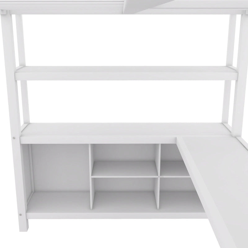 Off-White Full Size Metal Loft Bed with Desk, Wardrobe and Storage Shelves