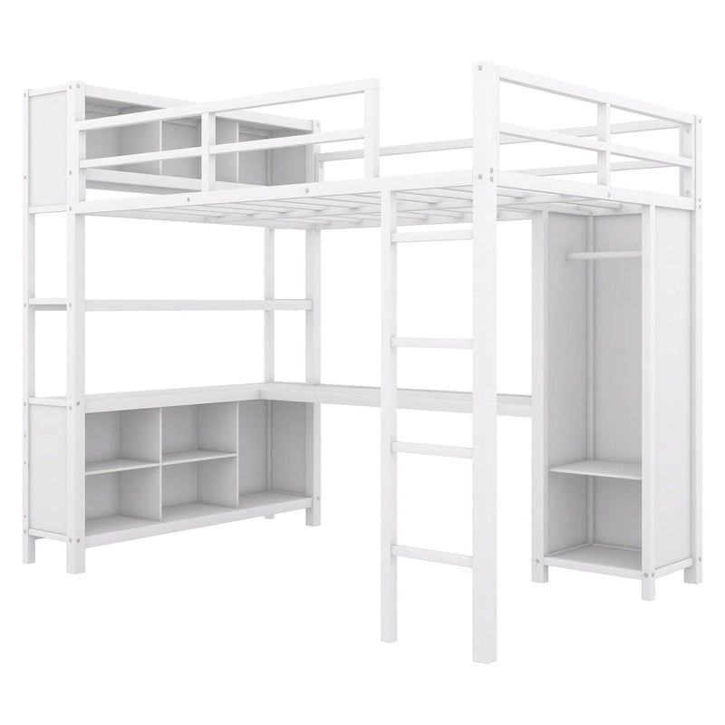 Off-White Full Size Metal Loft Bed with Desk, Wardrobe and Storage Shelves
