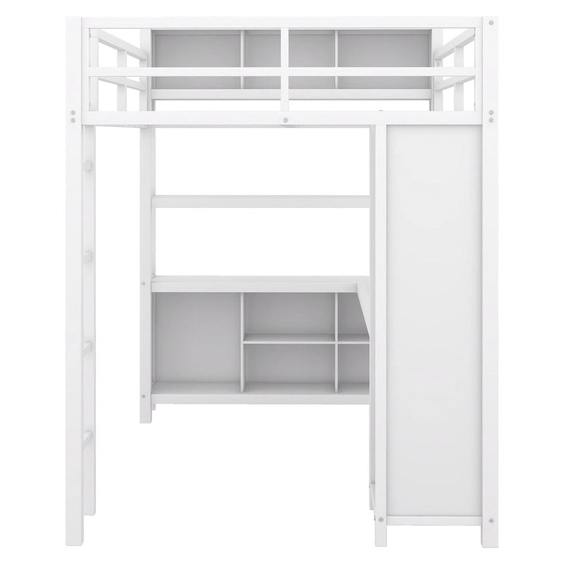 Off-White Full Size Metal Loft Bed with Desk, Wardrobe and Storage Shelves