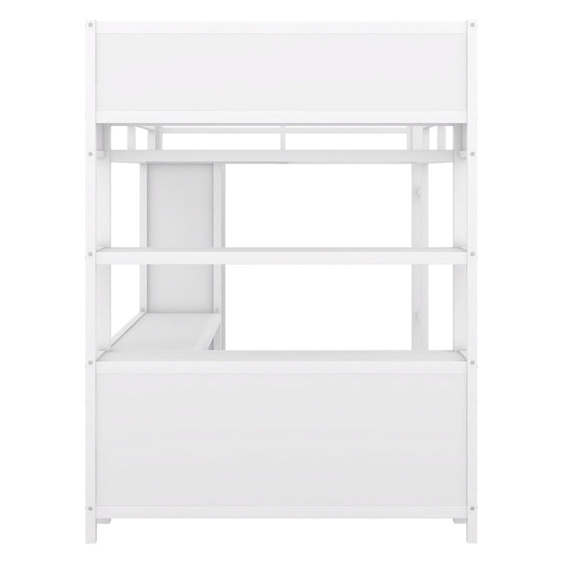 Off-White Full Size Metal Loft Bed with Desk, Wardrobe and Storage Shelves