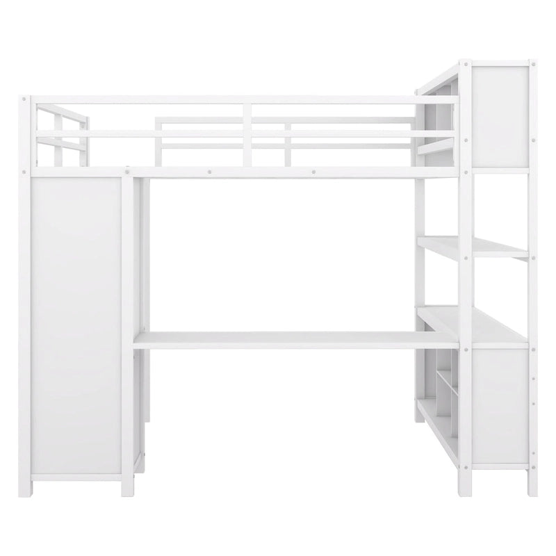 Off-White Full Size Metal Loft Bed with Desk, Wardrobe and Storage Shelves