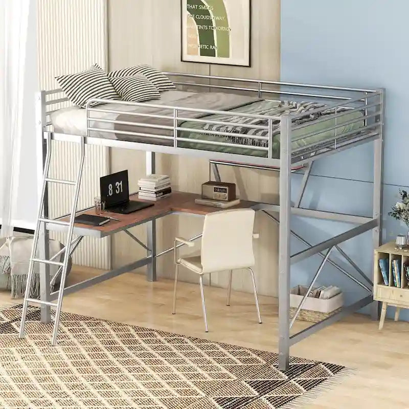 Metal Loft Bed with Desk Guardrail Built-in Ladder Full-Length Guardrail Black