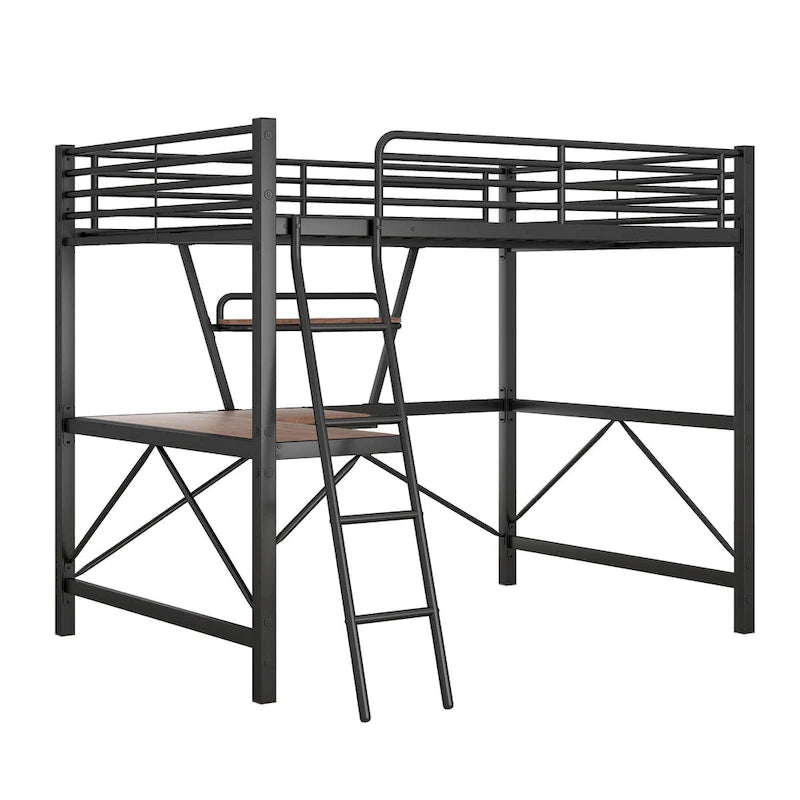 Metal Loft Bed with Desk Guardrail Built-in Ladder Full-Length Guardrail Black