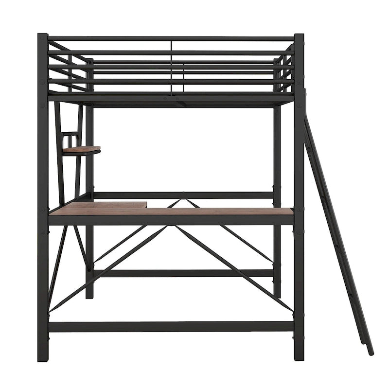 Metal Loft Bed with Desk Guardrail Built-in Ladder Full-Length Guardrail Black