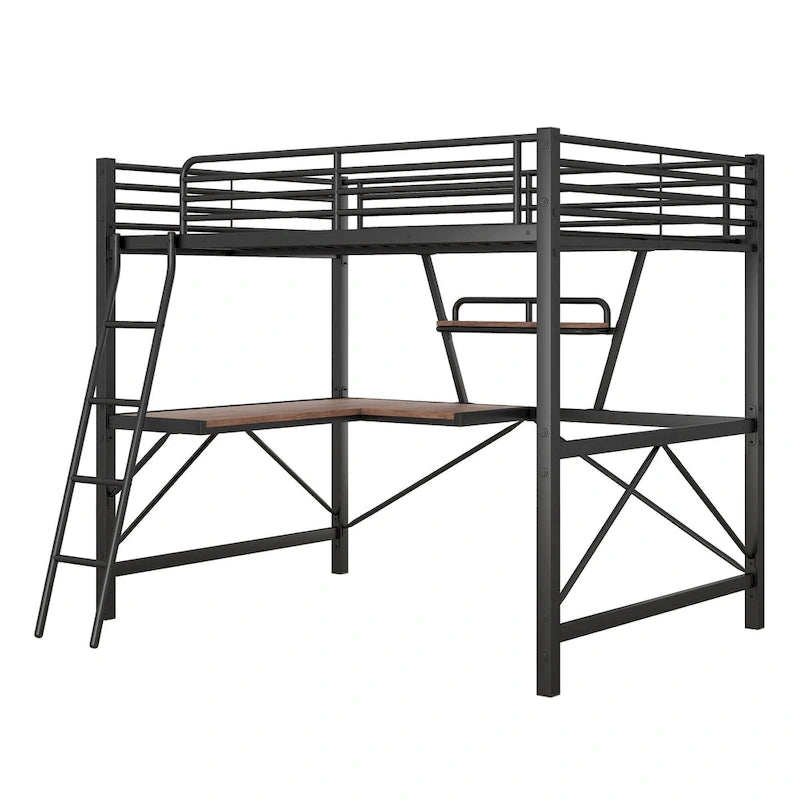 Lit mezzanine en métal avec bureau, barrière de sécurité, échelle intégrée et barrière sur toute la longueur, noir, 2 places