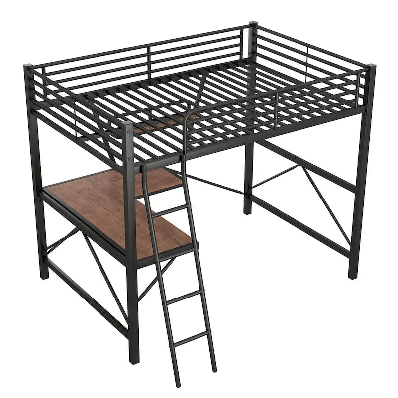 Lit mezzanine en métal avec bureau, barrière de sécurité, échelle intégrée et barrière sur toute la longueur, noir, 2 places