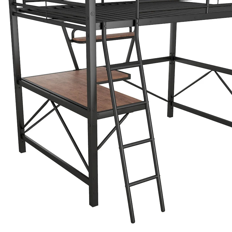 Lit mezzanine en métal avec bureau, barrière de sécurité, échelle intégrée et barrière sur toute la longueur, noir, 2 places