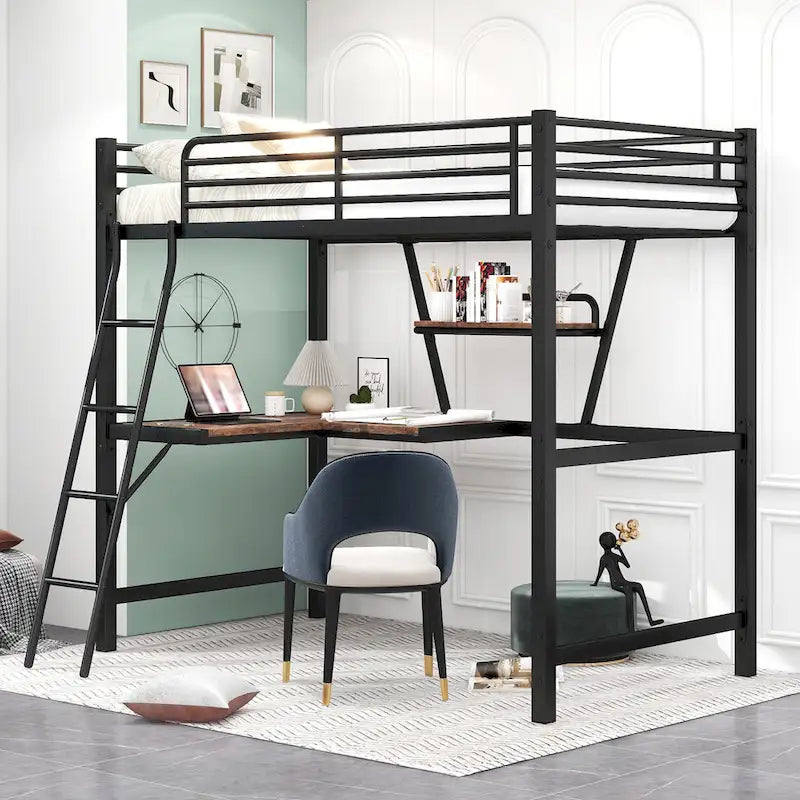 Lit mezzanine en métal avec bureau, barrière de sécurité, échelle intégrée et barrière sur toute la longueur, noir, 2 places