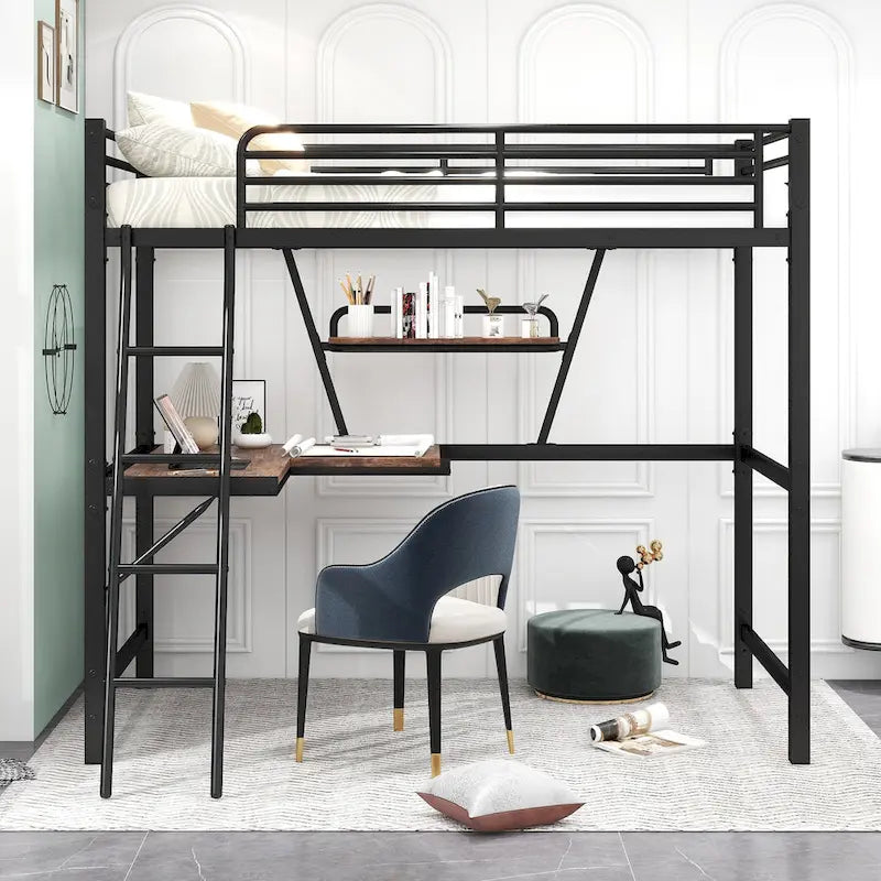 Lit mezzanine en métal avec bureau, barrière de sécurité, échelle intégrée et barrière sur toute la longueur, noir, 2 places