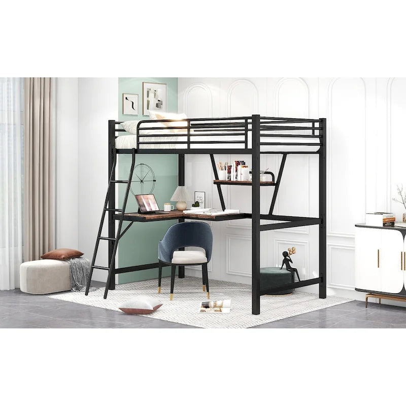 Lit mezzanine en métal avec bureau, barrière de sécurité, échelle intégrée et barrière sur toute la longueur, noir, 2 places