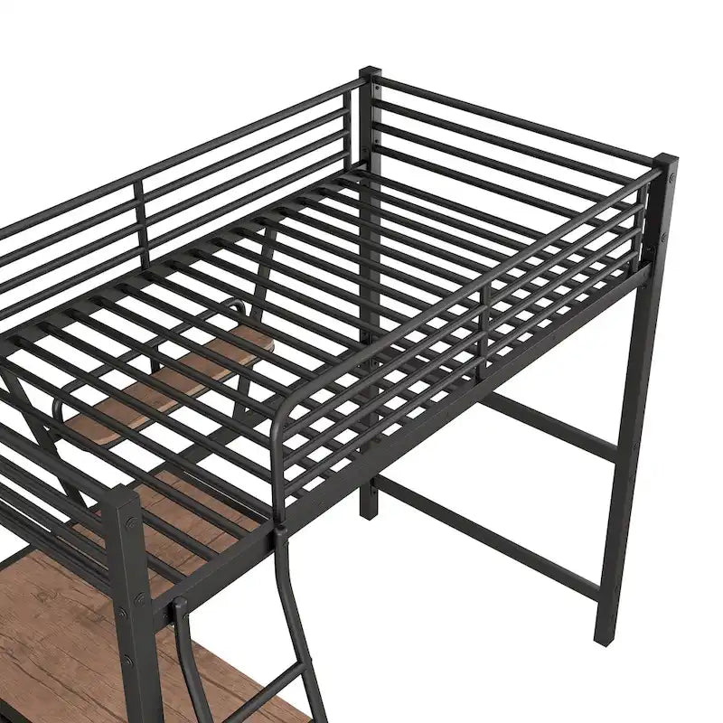 Lit mezzanine en métal avec bureau, barrière de sécurité, échelle intégrée et barrière sur toute la longueur, noir, 2 places
