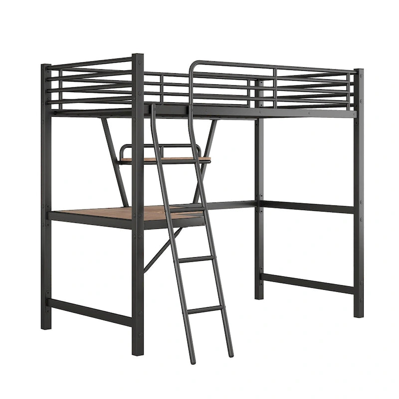 Lit mezzanine en métal avec bureau, barrière de sécurité, échelle intégrée et barrière sur toute la longueur, noir, 2 places