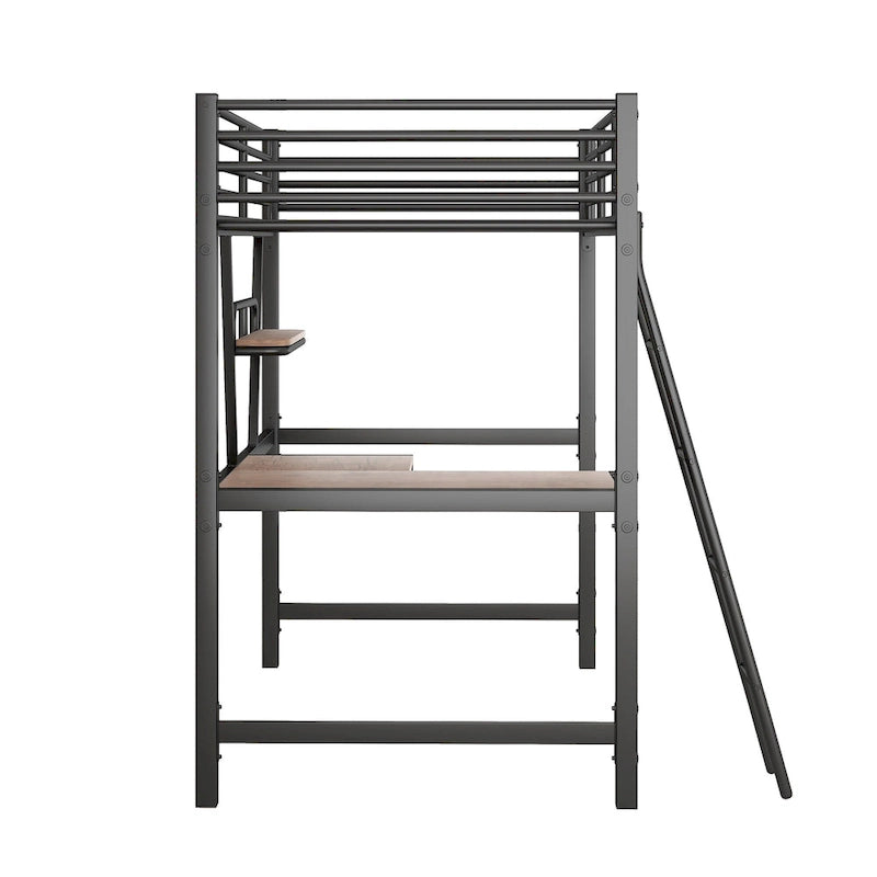 Lit mezzanine en métal avec bureau, barrière de sécurité, échelle intégrée et barrière sur toute la longueur, noir, 2 places