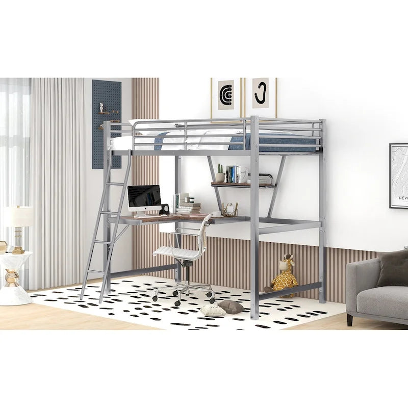 Lit mezzanine en métal avec bureau, barrière de sécurité, échelle intégrée et barrière sur toute la longueur, noir, 2 places