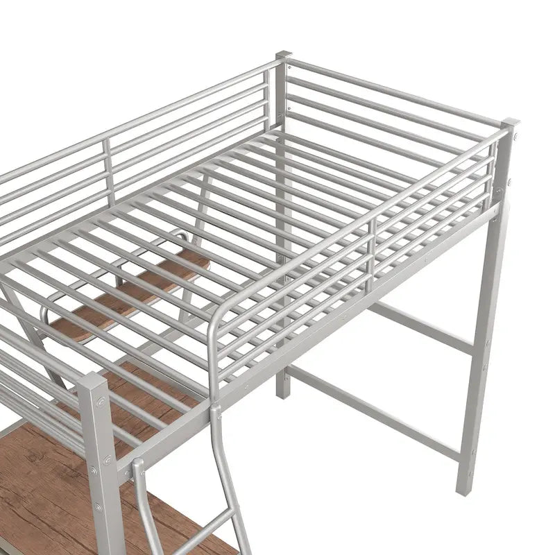 Lit mezzanine en métal avec bureau, barrière de sécurité, échelle intégrée et barrière sur toute la longueur, noir, 2 places