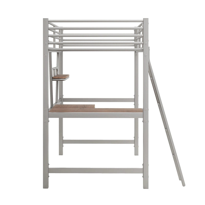 Lit mezzanine en métal avec bureau, barrière de sécurité, échelle intégrée et barrière sur toute la longueur, noir, 2 places