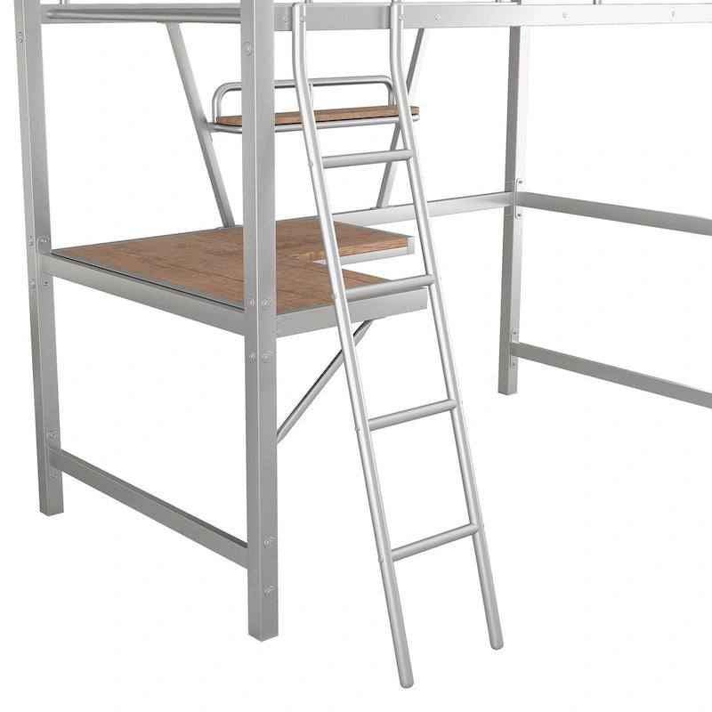 Lit mezzanine en métal avec bureau, barrière de sécurité, échelle intégrée et barrière sur toute la longueur, noir, 2 places