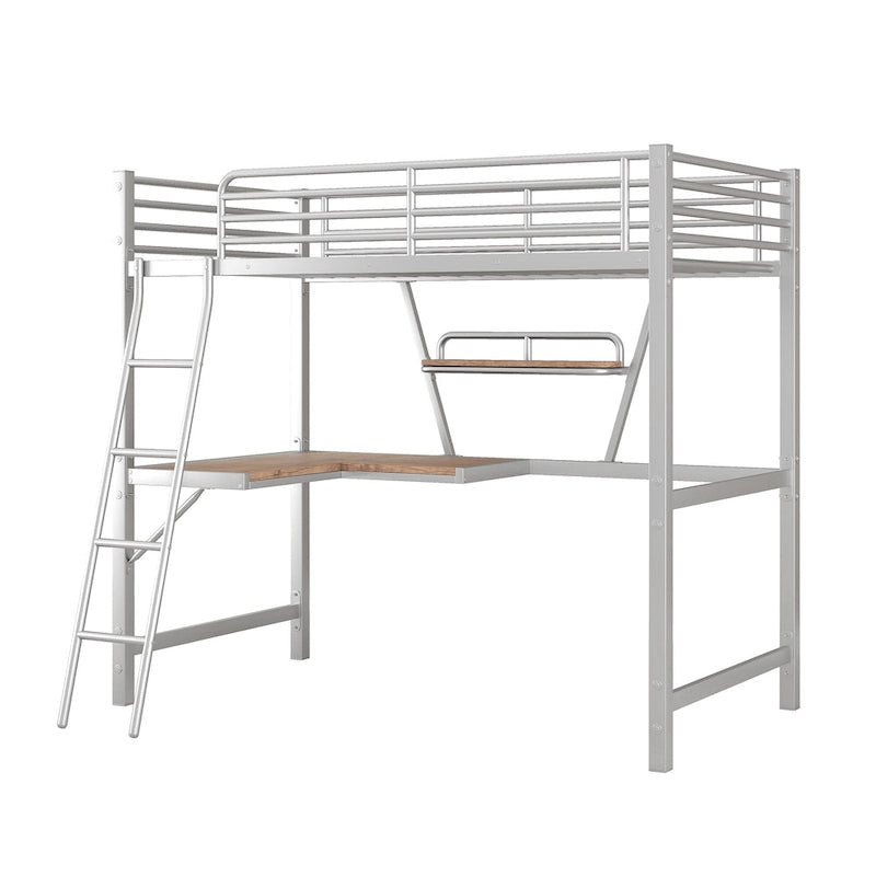 Lit mezzanine en métal avec bureau, barrière de sécurité, échelle intégrée et barrière sur toute la longueur, noir, 2 places