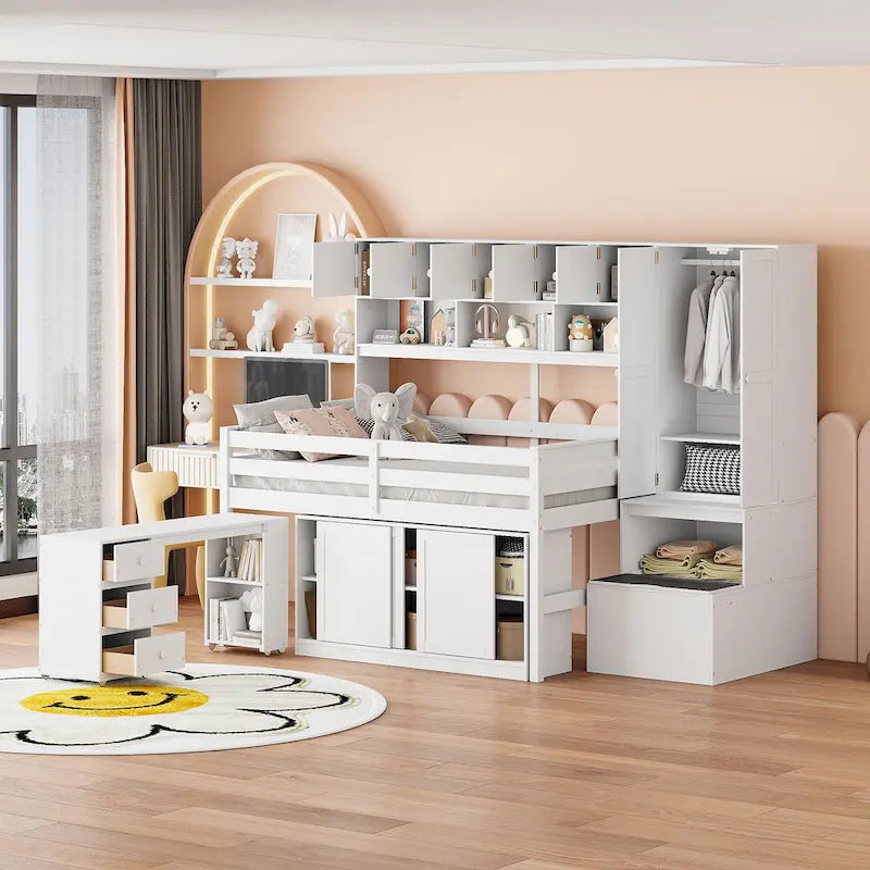 Lit mezzanine double en bois blanc avec penderie et escalier de rangement
