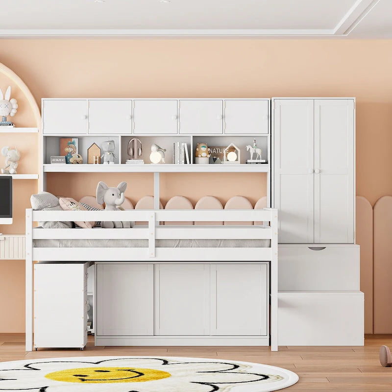 Lit mezzanine double en bois blanc avec penderie et escalier de rangement