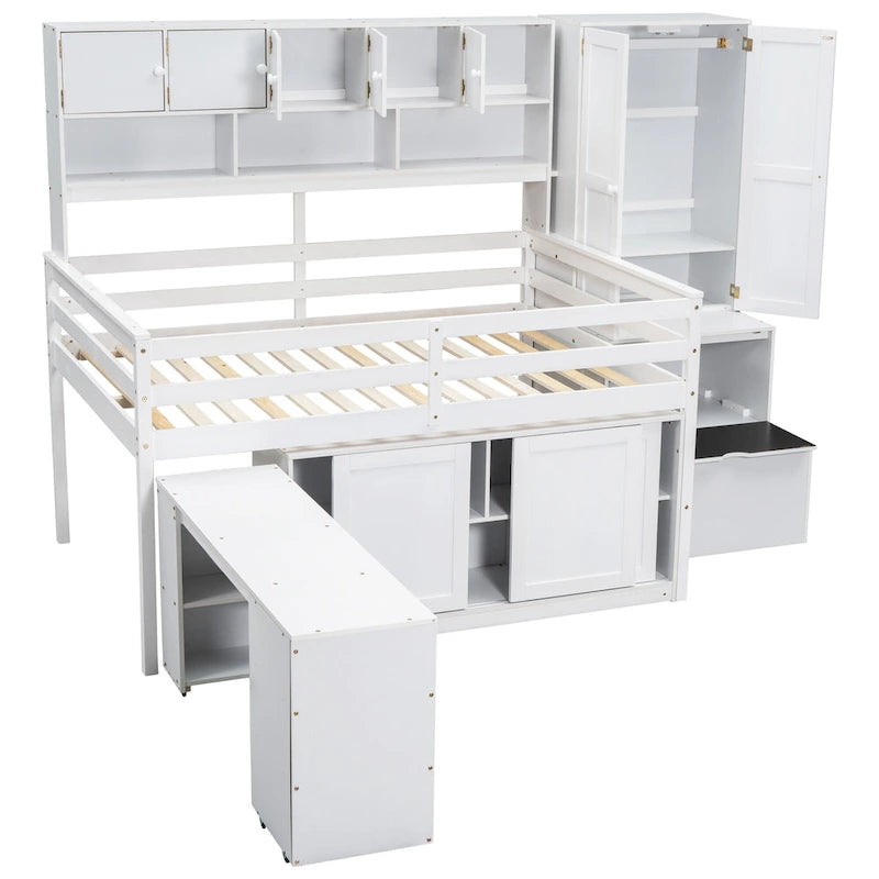 Lit mezzanine double en bois blanc avec penderie et escalier de rangement