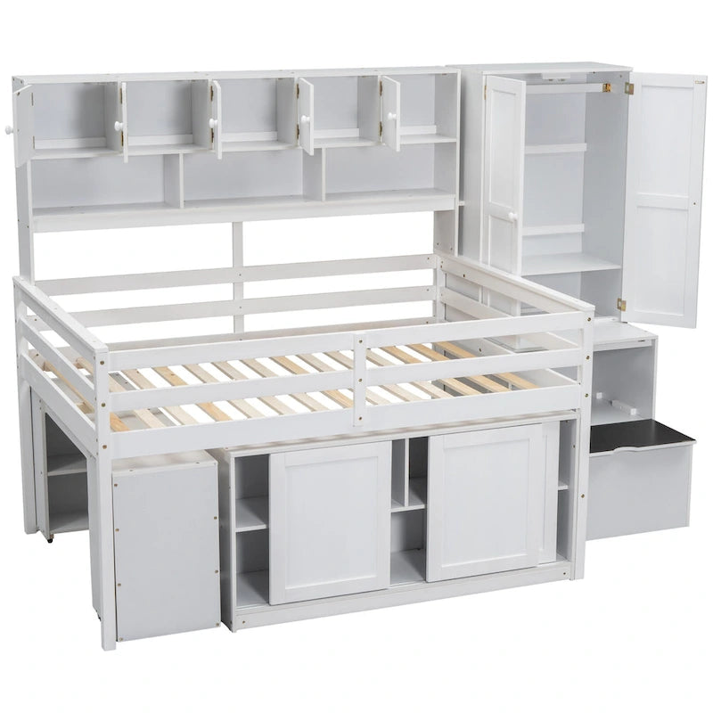 Lit mezzanine double en bois blanc avec penderie et escalier de rangement