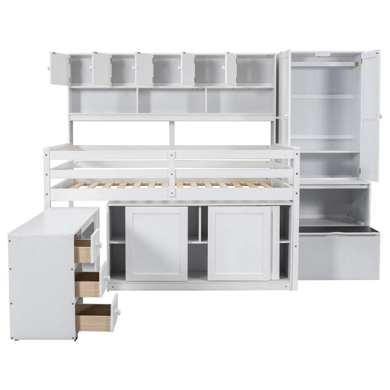 Lit mezzanine double en bois blanc avec penderie et escalier de rangement