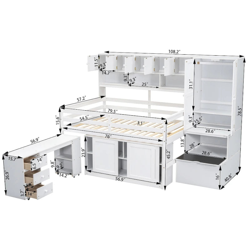 Lit mezzanine double en bois blanc avec penderie et escalier de rangement