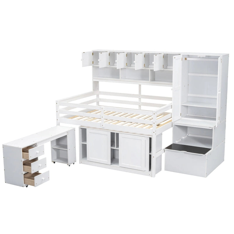 Lit mezzanine double en bois blanc avec penderie et escalier de rangement
