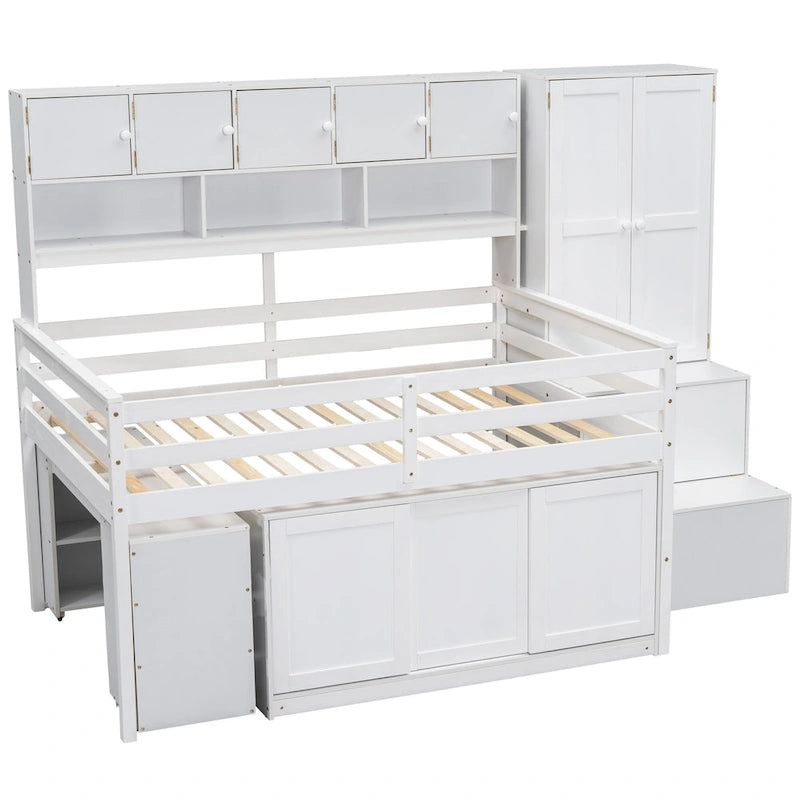 Lit mezzanine double en bois blanc avec penderie et escalier de rangement