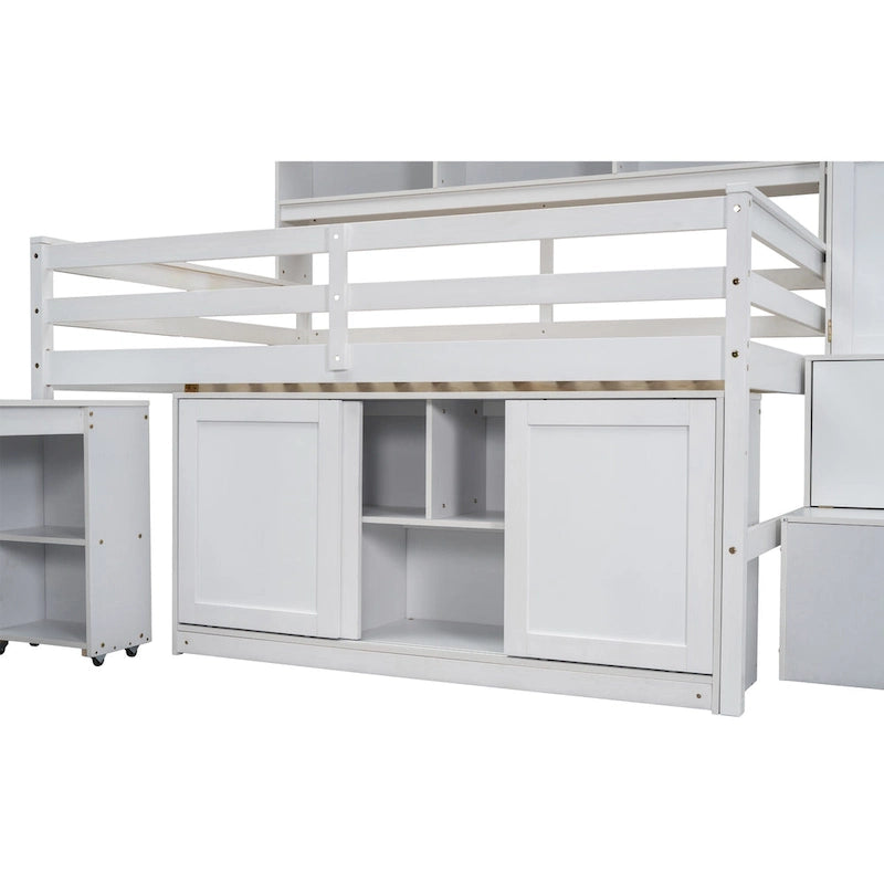 Lit mezzanine double en bois blanc avec penderie et escalier de rangement