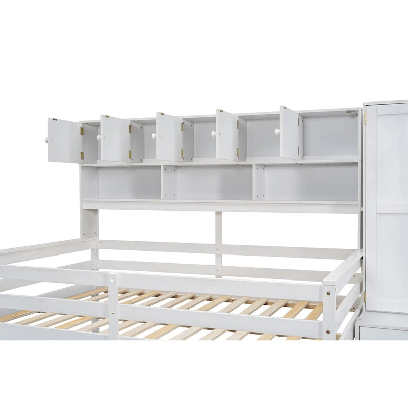 Lit mezzanine double en bois blanc avec penderie et escalier de rangement
