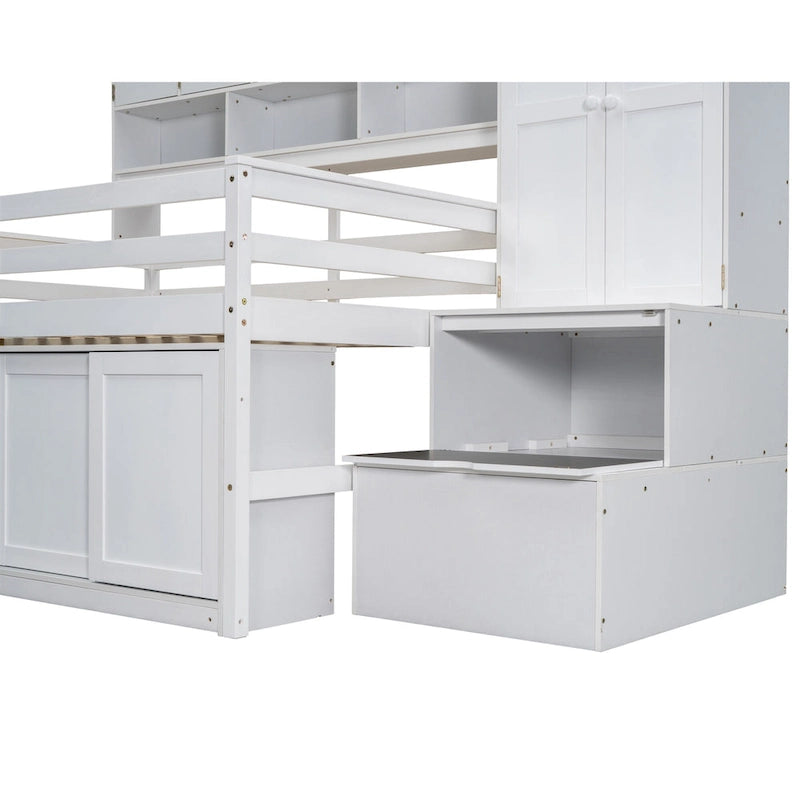 Lit mezzanine double en bois blanc avec penderie et escalier de rangement