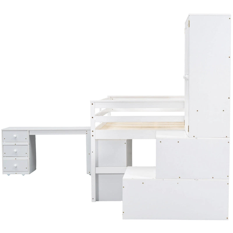 Lit mezzanine double en bois blanc avec penderie et escalier de rangement