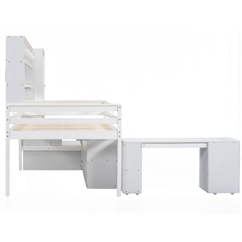 Lit mezzanine double en bois blanc avec penderie et escalier de rangement
