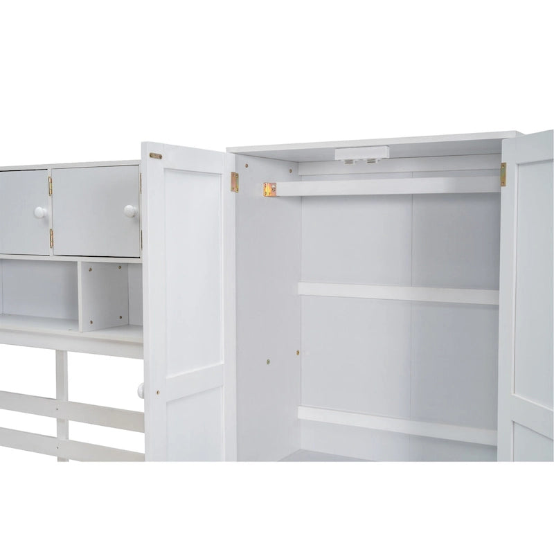 Lit mezzanine double en bois blanc avec penderie et escalier de rangement