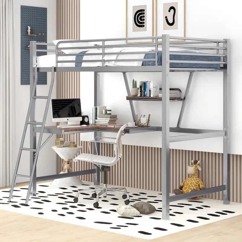 Metal Loft Bed with Desk Guardrail Built-in Shelf Silver Black