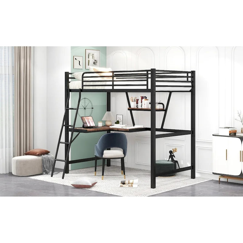 Metall-Hochbett mit Schreibtisch, Schutzgitter und integriertem Regal – Silber und Schwarz