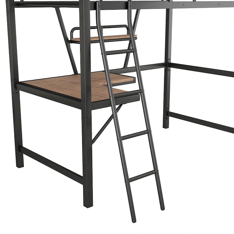 Metal Loft Bed with Desk Guardrail Built-in Shelf Silver Black