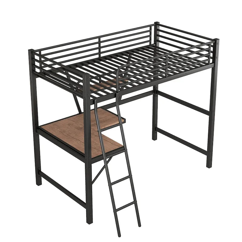 Metall-Hochbett mit Schreibtisch, Schutzgitter und integriertem Regal – Silber und Schwarz