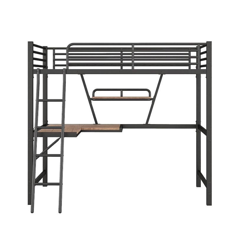 Metall-Hochbett mit Schreibtisch, Schutzgitter und integriertem Regal – Silber und Schwarz
